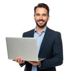 Smiling businessman holding a silver laptop computer in a professional dark suit isolated on transparent background
