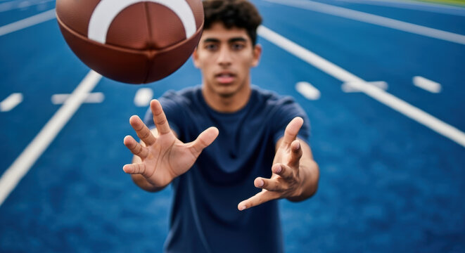 Focused young athlete catching american football on blue outdoor field, demonstrating hand eye coordination and determination during sports training practice session