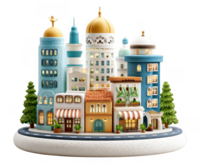 Whimsical miniature cityscape with diverse architectural styles isolated on transparent background