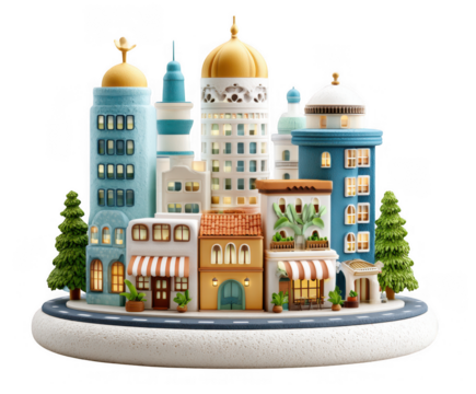Whimsical miniature cityscape with diverse architectural styles isolated on transparent background