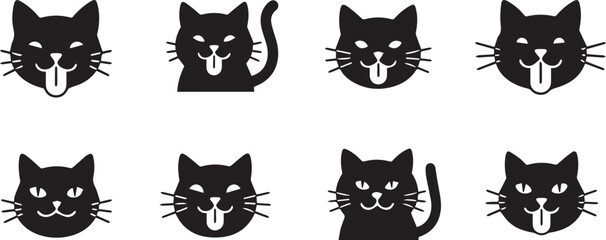 Cat with Tongue Out Silhouette Icon Vector Set – Funny and Playful Expression