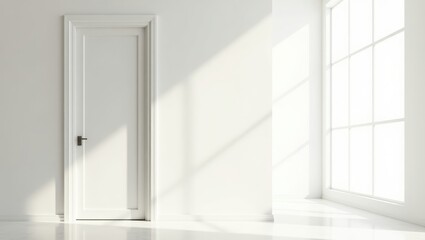 Fototapeta premium White room interior with a door and large window.
