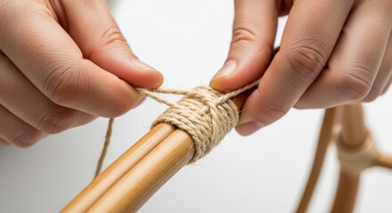 Closeup hands tying natural rope securely around wooden stick, demonstrating strong knot making for handmade craft or repair detailed cord binding technique in process