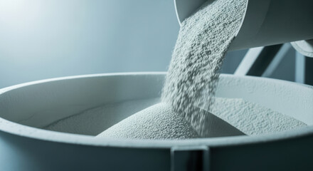 Industrial machine pouring fine white powder into large circular container in factory environment bulk material handling for manufacturing or chemical processing