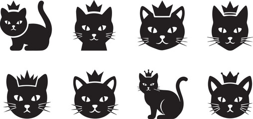 Cat with Crown Silhouette Icon Vector Set &ndash; Royal Pet Concept