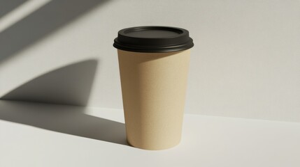 A tall, light-brown disposable coffee cup with a black lid sits on a white surface, angled slightly, cast in soft, diagonal sunlight