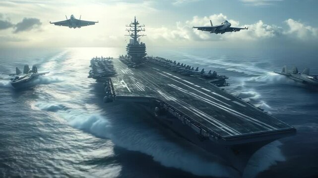  Aircraft carrier sails across the ocean with warships and fighter jets, showcasing military might and defense in action


