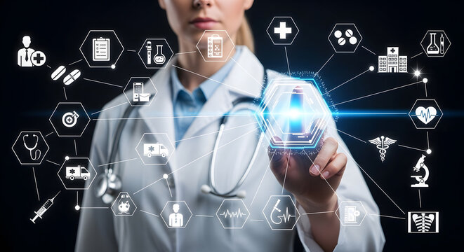 Medical innovation concept with a doctor touching a holographic healthcare network screen.