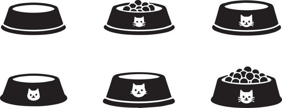Cat Food Bowl Silhouette Icon Vector Set &ndash; Pet Feeding Symbol