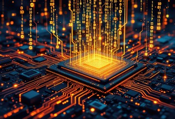 A glowing central processing unit (CPU) sits on a circuit board, with streams of binary code cascading down onto it from above, creating a vibrant, digital, technological aesthetic
