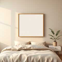 blank canvas mockup in modern guest room stylish frame mockup soft linen wall backdrop in neutral colors coastal retreat aesthetic decorative poster display 3d rendered interior visualization