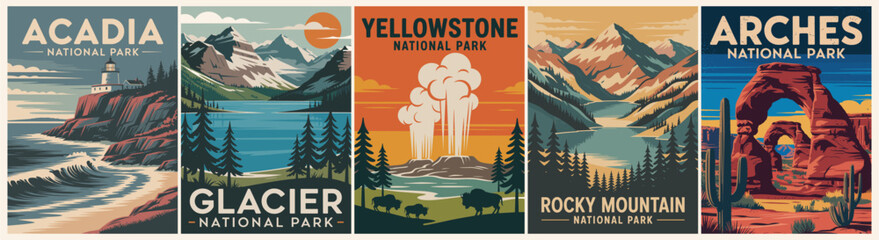 A collection of posters featuring various national parks and mountain ranges. The postcards are arranged in a grid and include Acadia, Glacier, Yellowstone, Rocky Mountains, Arches.
