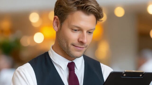 Attentive Waiter with Order: A dedicated waiter, smartly dressed, meticulously reviews an order with focus and professionalism, embodying attentive service.