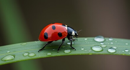 Fototapeta premium A ladybug with black spots crawls across a dewcovered green leaf