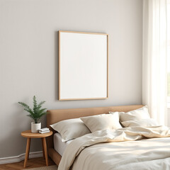 blank canvas mockup for wall art in cozy guest room modern frame design with soft linen wall background in neutral-toned colors perfect for coastal retreat style charming aesthetic 3d render image