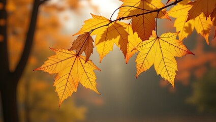 Backlit branch of vibrant orange and yellow maple leaves, softly focused autumnal background