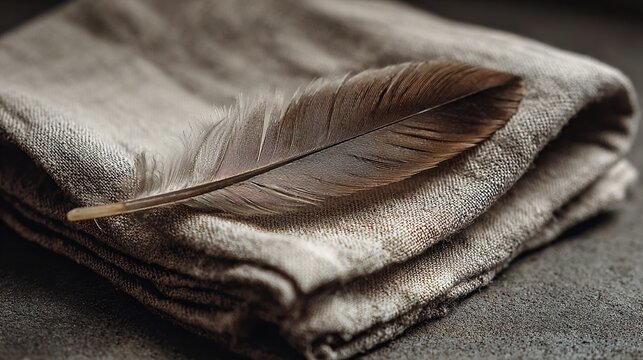 A brown feather rests gently atop a folded, textured cloth. The scene has soft lighting and muted colors - Powered by Adobe