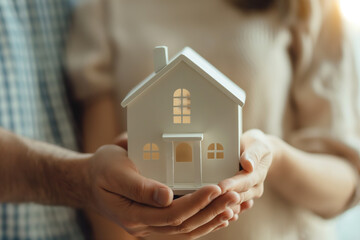 Couple Holding Model House Together, Symbol of Homeownership and Family Security, Close-Up Photography