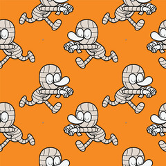Cute Cartoon Mummy sleepwalking Seamless Halloween Pattern cartoon illustration gift wrap orange design