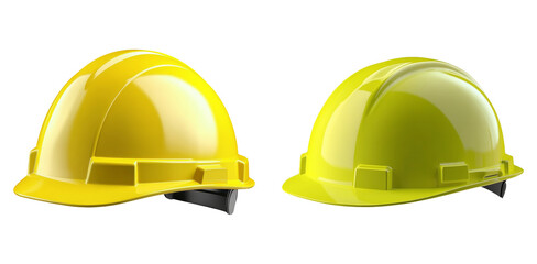 Fototapeta premium Yellow and green construction helmets isolated on transparent PNG image perfect for engineering visuals and workplace safety materials