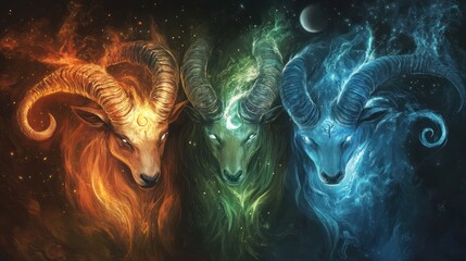 Conceptual artwork featuring three astral goats with elemental associations