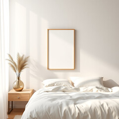 Blank Canvas Mockup in Cozy Guest Room Soft Linen Wall Background Neutral Tones A3 Landscape Frame Mockup Beside Table Poster Display Coastal Retreat Atmosphere 3D Render Design Showcase