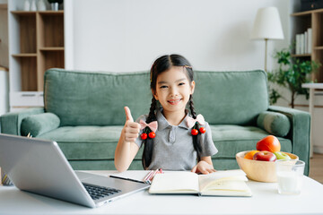 Smiling Asian girl giving thumbs up while studying at home with laptop, notebook, and healthy...