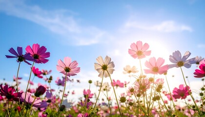 Obraz premium Colorful cosmos flowers under a blue sky
