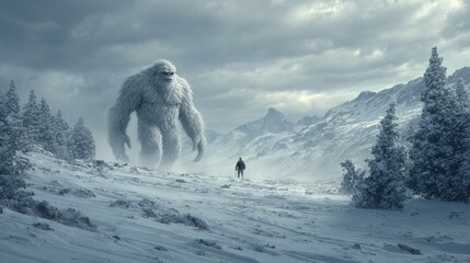Snow Monster Yeti. Abominable Creature Roaming Winter Arctic Landscape