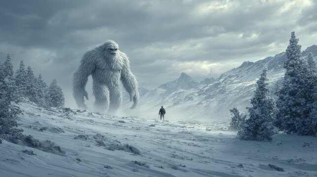 Snow Monster Yeti. Abominable Creature Roaming Winter Arctic Landscape