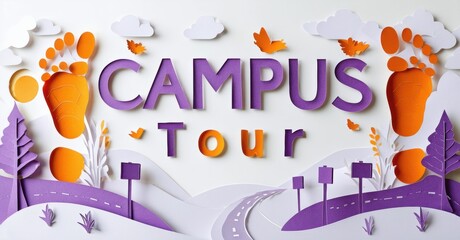 Papercraft illustration depicts campus tour scene. Trees, road, clouds, foliage create whimsical design. Bright colors attract attention.