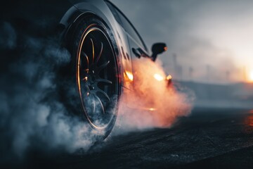 Spinning Tire. Action Blur of Auto Wheel Burning on Racetrack
