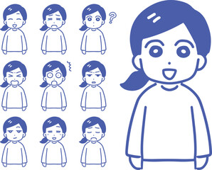 若い私服の女性のいろんな表情のセット(上半身・線画)	
