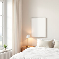 blank canvas wall art mockup serene guest room design elegant A3 frame mockup stylish bedside poster presentation neutral soft linen wall background coastal retreat aesthetic 3D render