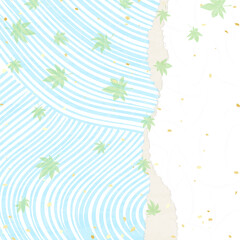 水に流れる青紅葉 和紙風の背景イラスト