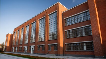 Obraz premium Modern American School Building with Brick Facade and Large Glass Windows under Clear Sky – Educational Architecture Exterior