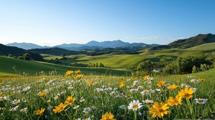 Obraz premium Serene meadow landscape with mountain vista