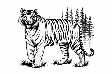 Tiger in Forest Line Art