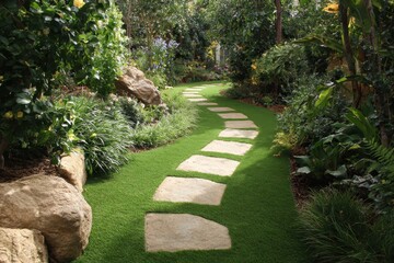 Fototapeta premium Synthetic Lawn's Idyllic Garden Setting with Artificial Grass Pathway