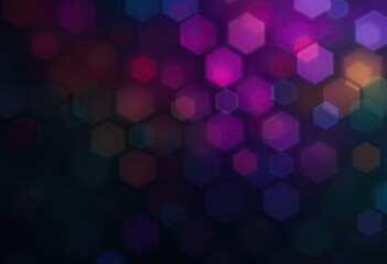 Abstract bokeh background of blurred hexagonal lights in varying shades of pink, purple, and teal, creating a dark, vibrant, and slightly moody atmosphere