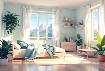 Sunlit bedroom with light blue walls, wooden floors, a large bed with teal bedding, potted plants, and a mountain view from two windows; light wooden furniture and shelves add to the serene atmosphere