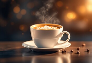 Fototapeta premium A steaming cup of latte art coffee sits on a dark wood table, illuminated by warm bokeh lights, with coffee beans scattered nearby