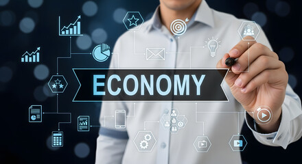 Businessman presenting a modern economy concept on a virtual touch screen with data icons.