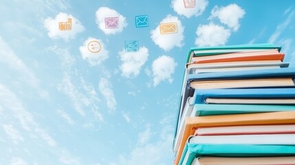 Stack of books reaching for the cloud education and digital knowledge