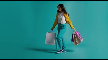 Cheerful woman with flowing hair running, carrying multiple shopping bags against bright turquoise backdrop, expressing shopping excitement - Powered by Adobe
