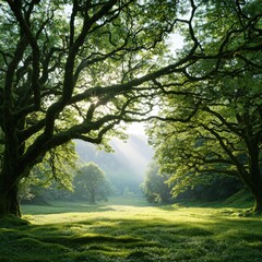 Sunlit meadow framed by ancient trees