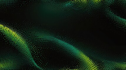 Fototapeta premium Abstract digital art with a wavy surface made of green and yellow dots on a dark background.