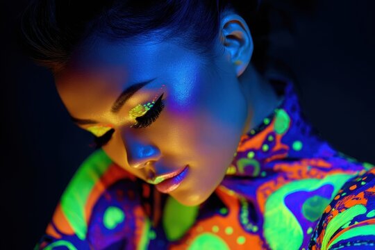 UV Body Paint. Abstract Female Model in Neon Light with Fluorescent Make-Up