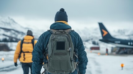 Winter journey a traveler's back view in a snowy landscape