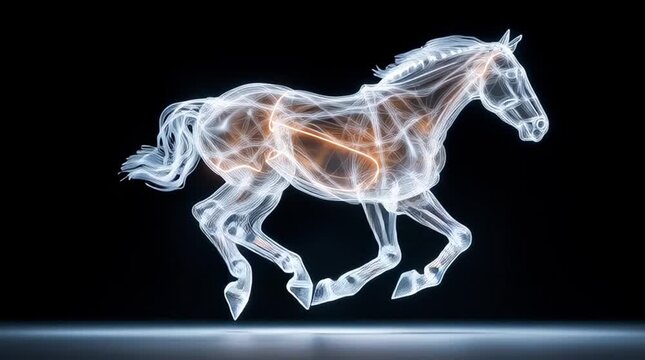 Futuristic neon horse galloping in dynamic motion on a dark background